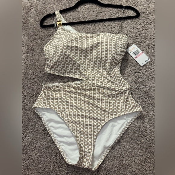MICHAEL Michael Kors Cream and Brown One-Shoulder Swimsuit - Picture 1 of 9